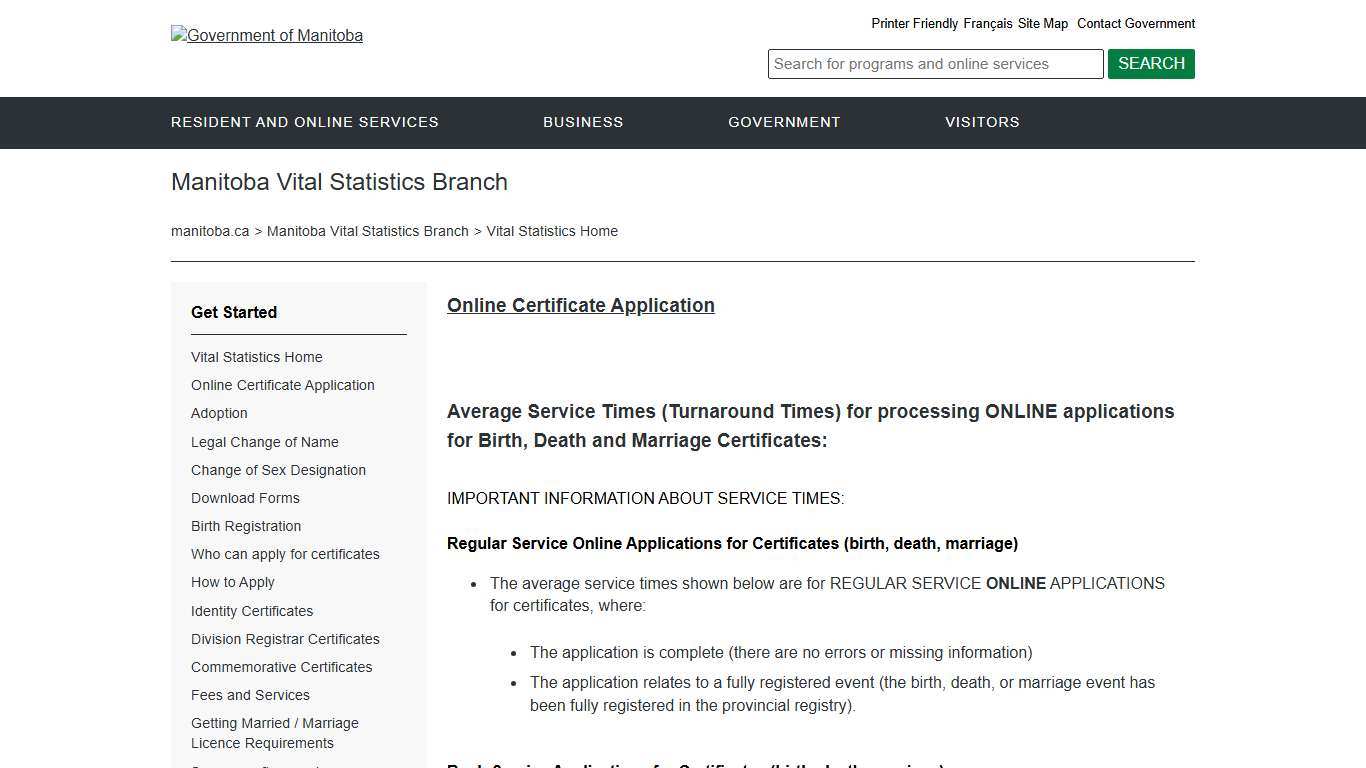 Vital Statistics Home Manitoba Vital Statistics Branch Province of Manitoba
