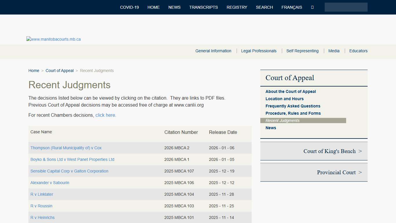 Recent Judgments - Manitoba Courts